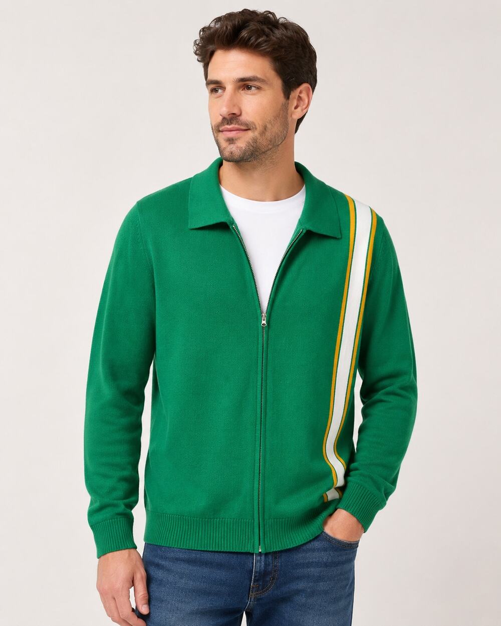OXKNIT Green 60s Mod Racing Stripe Zip Cardigan Men’s L NWT